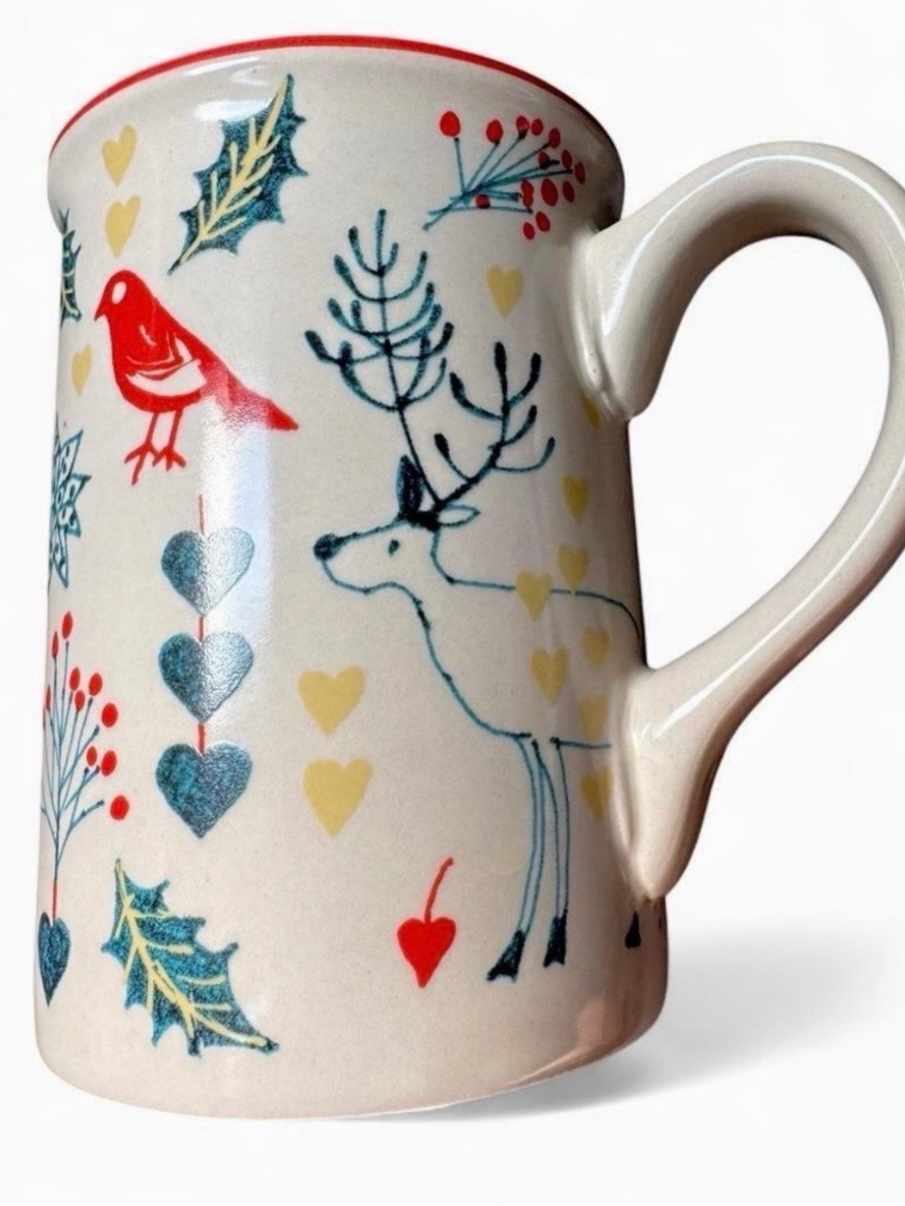 Cost Plus World Market holiday Christmas Cream Ceramic Mug reindeer’s, birds